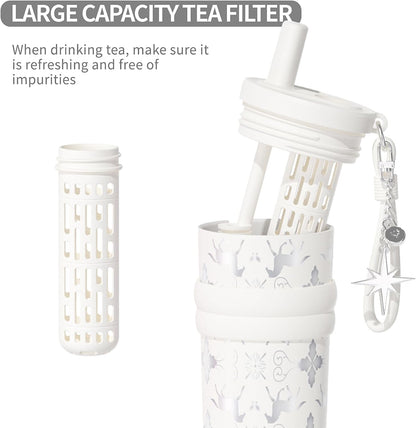 18.5 oz Thermo Cup with Straw, Floral Embossed Designed Car Cup, Vacuum Insulated Stainless Steel Tumbler with Hand Strap, Leakproof Water Bottel for Office, Gym, Library and Home Use (Peach Blossom)