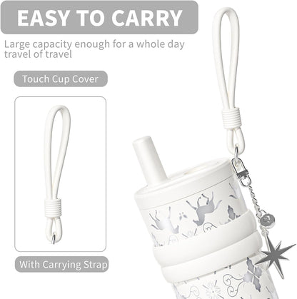 18.5 oz Thermo Cup with Straw, Floral Embossed Designed Car Cup, Vacuum Insulated Stainless Steel Tumbler with Hand Strap, Leakproof Water Bottel for Office, Gym, Library and Home Use (Peach Blossom)
