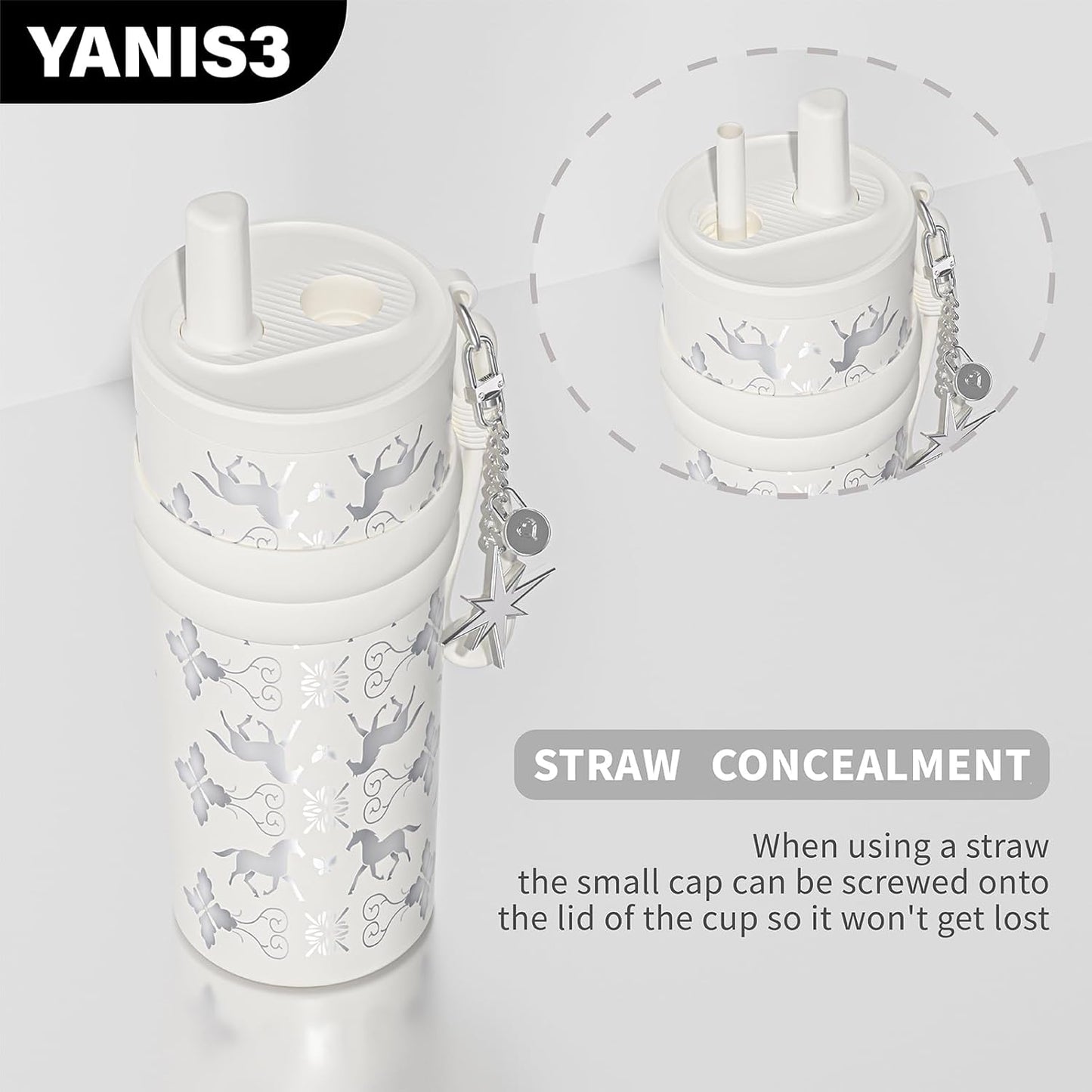 18.5 oz Thermo Cup with Straw, Floral Embossed Designed Car Cup, Vacuum Insulated Stainless Steel Tumbler with Hand Strap, Leakproof Water Bottel for Office, Gym, Library and Home Use (Peach Blossom)