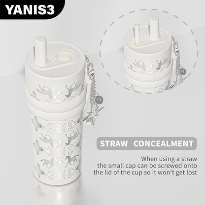 18.5 oz Thermo Cup with Straw, Floral Embossed Designed Car Cup, Vacuum Insulated Stainless Steel Tumbler with Hand Strap, Leakproof Water Bottel for Office, Gym, Library and Home Use (Peach Blossom)