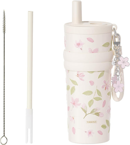 18.5 oz Thermo Cup with Straw, Floral Embossed Designed Car Cup, Vacuum Insulated Stainless Steel Tumbler with Hand Strap, Leakproof Water Bottel for Office, Gym, Library and Home Use (Peach Blossom)
