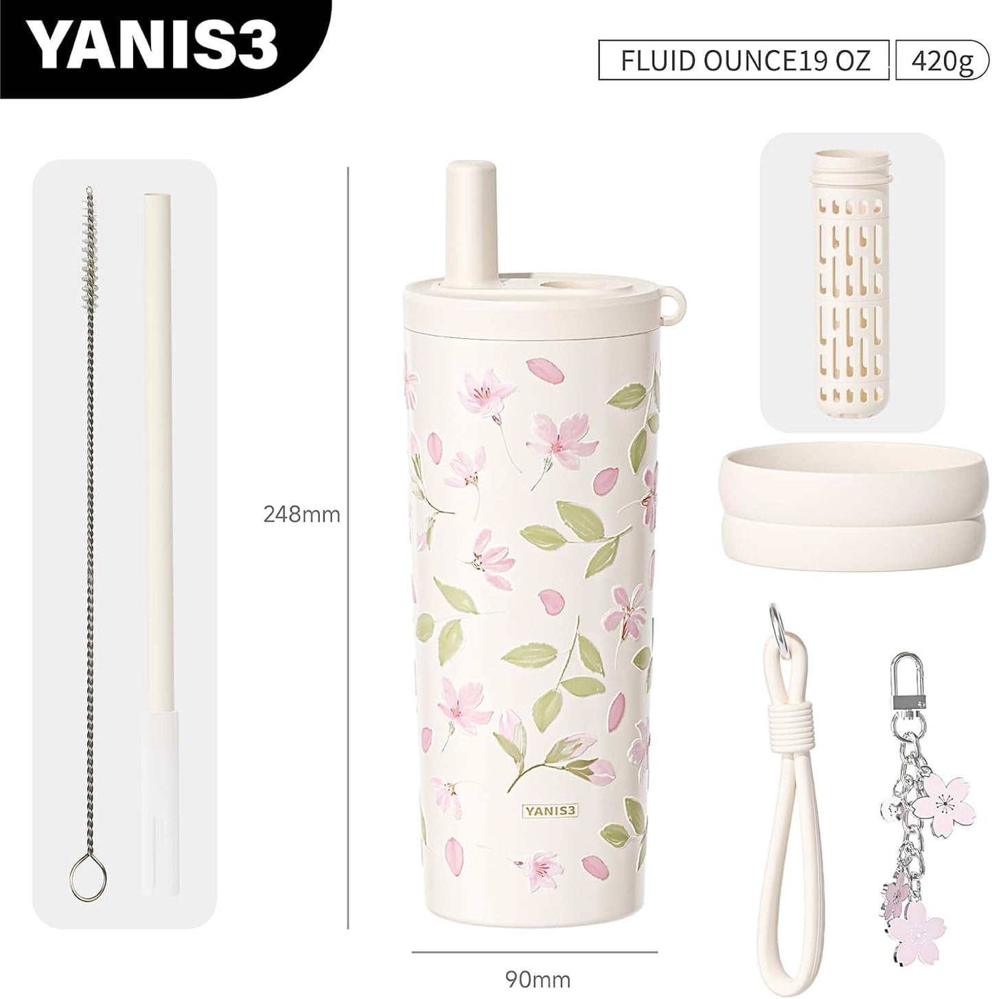 18.5 oz Thermo Cup with Straw, Floral Embossed Designed Car Cup, Vacuum Insulated Stainless Steel Tumbler with Hand Strap, Leakproof Water Bottel for Office, Gym, Library and Home Use (Peach Blossom)
