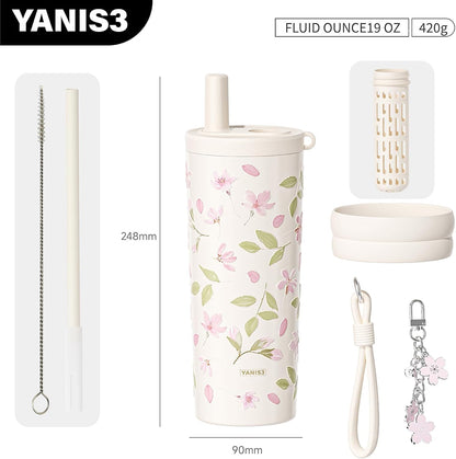 18.5 oz Thermo Cup with Straw, Floral Embossed Designed Car Cup, Vacuum Insulated Stainless Steel Tumbler with Hand Strap, Leakproof Water Bottel for Office, Gym, Library and Home Use (Peach Blossom)