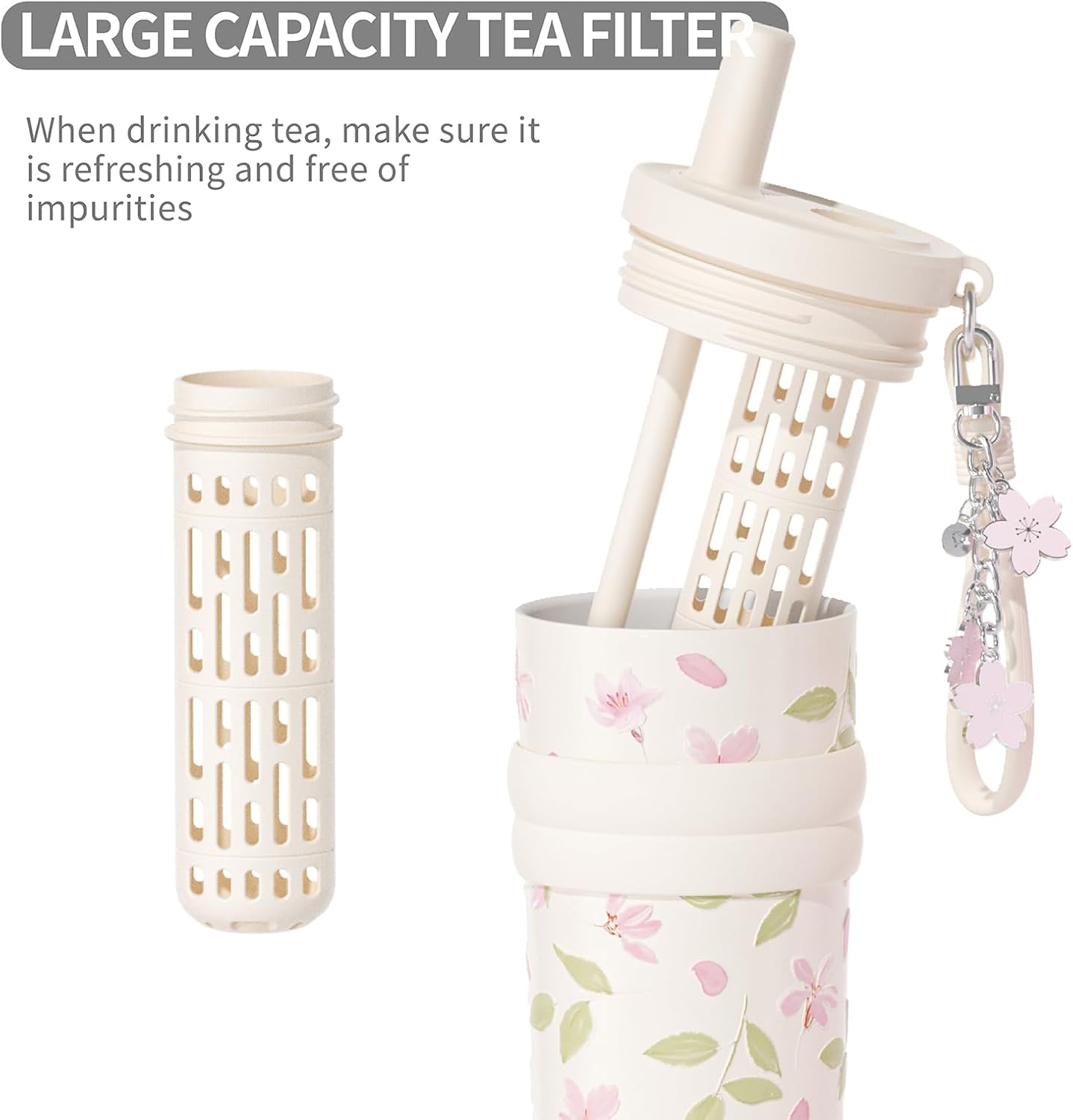 18.5 oz Thermo Cup with Straw, Floral Embossed Designed Car Cup, Vacuum Insulated Stainless Steel Tumbler with Hand Strap, Leakproof Water Bottel for Office, Gym, Library and Home Use (Peach Blossom)