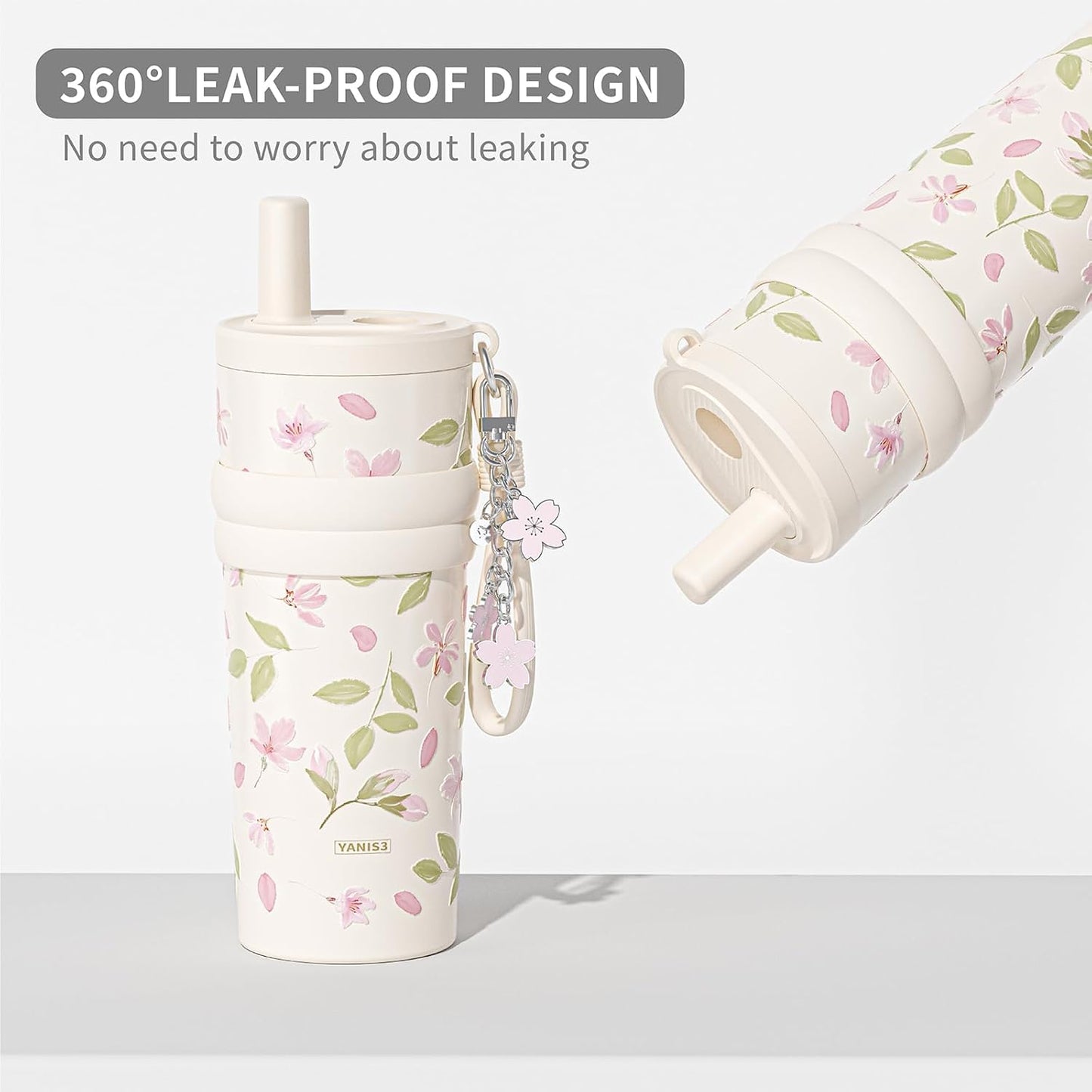18.5 oz Thermo Cup with Straw, Floral Embossed Designed Car Cup, Vacuum Insulated Stainless Steel Tumbler with Hand Strap, Leakproof Water Bottel for Office, Gym, Library and Home Use (Peach Blossom)