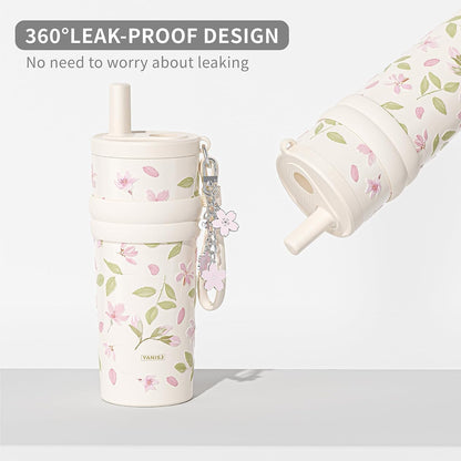 18.5 oz Thermo Cup with Straw, Floral Embossed Designed Car Cup, Vacuum Insulated Stainless Steel Tumbler with Hand Strap, Leakproof Water Bottel for Office, Gym, Library and Home Use (Peach Blossom)