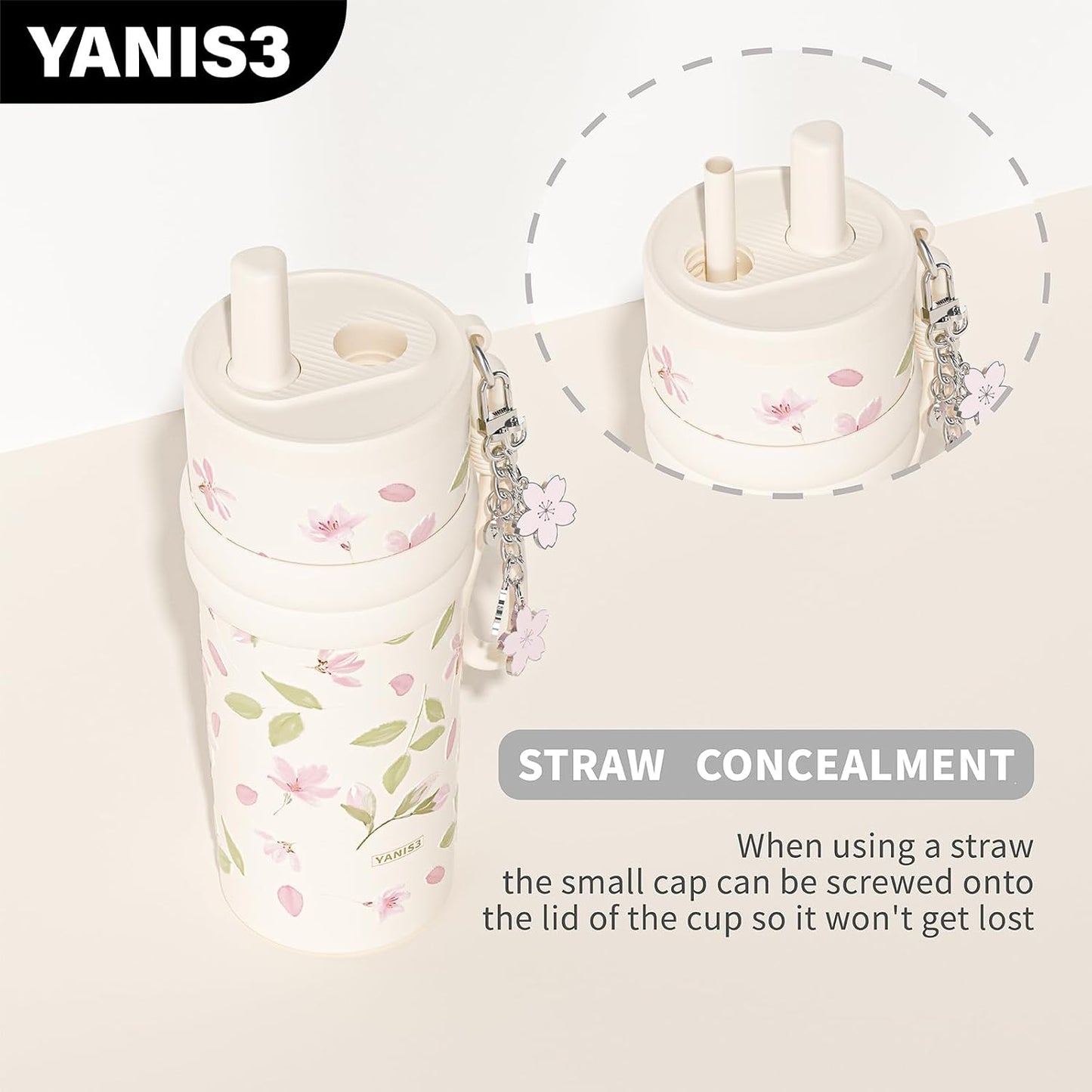18.5 oz Thermo Cup with Straw, Floral Embossed Designed Car Cup, Vacuum Insulated Stainless Steel Tumbler with Hand Strap, Leakproof Water Bottel for Office, Gym, Library and Home Use (Peach Blossom)
