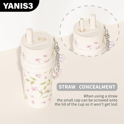 18.5 oz Thermo Cup with Straw, Floral Embossed Designed Car Cup, Vacuum Insulated Stainless Steel Tumbler with Hand Strap, Leakproof Water Bottel for Office, Gym, Library and Home Use (Peach Blossom)