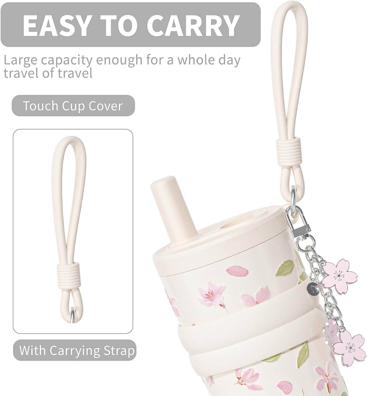 18.5 oz Thermo Cup with Straw, Floral Embossed Designed Car Cup, Vacuum Insulated Stainless Steel Tumbler with Hand Strap, Leakproof Water Bottel for Office, Gym, Library and Home Use (Peach Blossom)