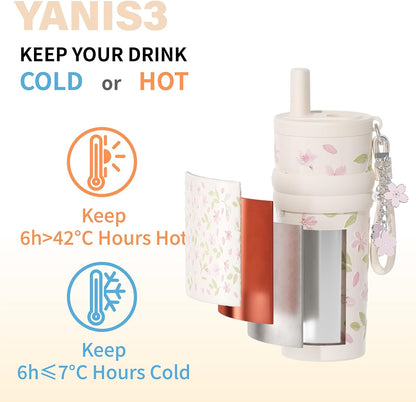 18.5 oz Thermo Cup with Straw, Floral Embossed Designed Car Cup, Vacuum Insulated Stainless Steel Tumbler with Hand Strap, Leakproof Water Bottel for Office, Gym, Library and Home Use (Peach Blossom)