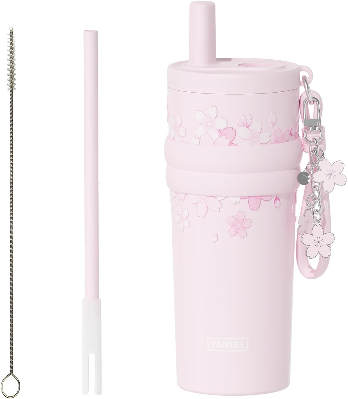 18.5 oz Thermo Cup with Straw, Floral Embossed Designed Car Cup, Vacuum Insulated Stainless Steel Tumbler with Hand Strap, Leakproof Water Bottel for Office, Gym, Library and Home Use (Peach Blossom)