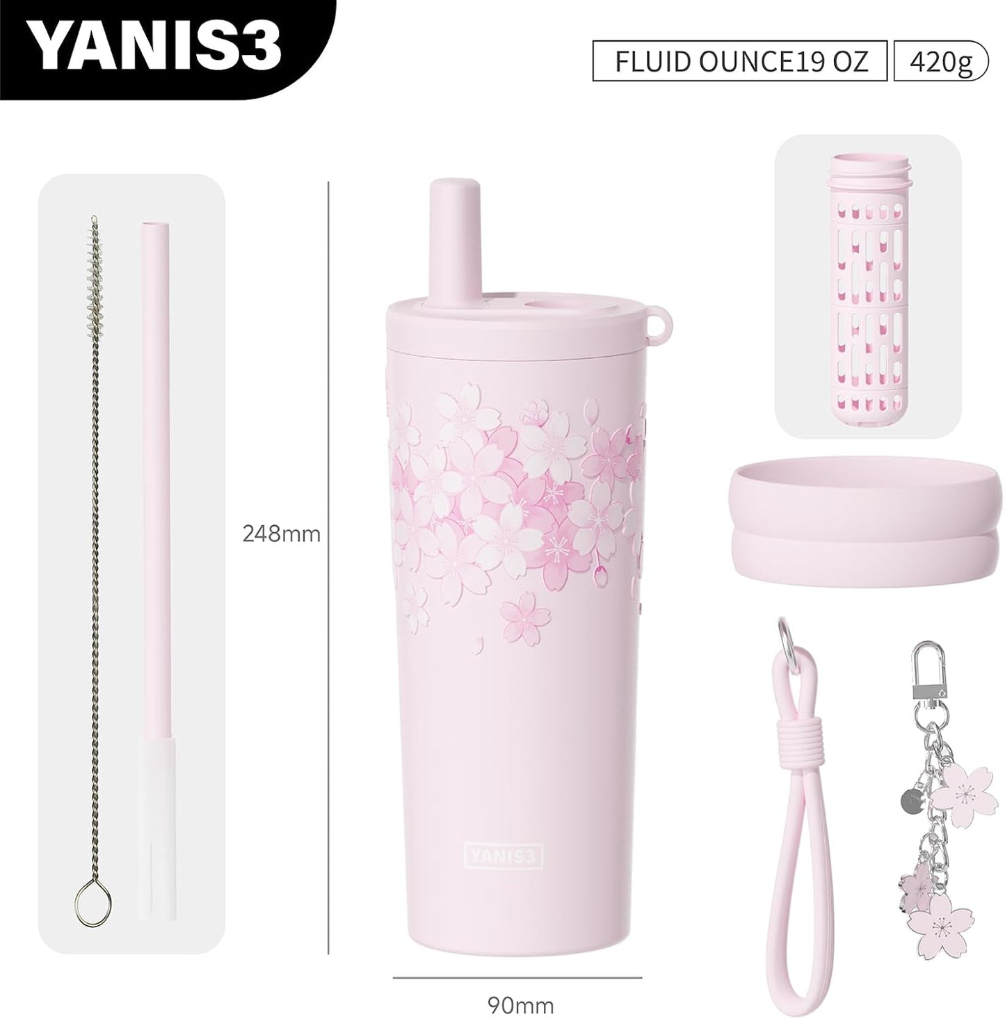 18.5 oz Thermo Cup with Straw, Floral Embossed Designed Car Cup, Vacuum Insulated Stainless Steel Tumbler with Hand Strap, Leakproof Water Bottel for Office, Gym, Library and Home Use (Peach Blossom)