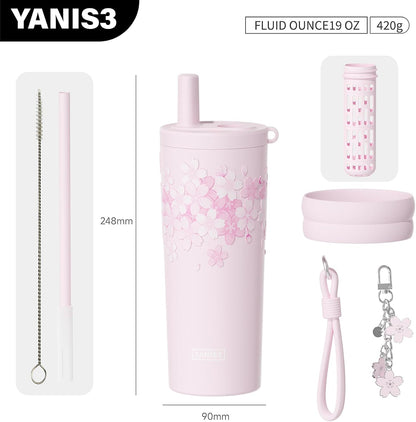 18.5 oz Thermo Cup with Straw, Floral Embossed Designed Car Cup, Vacuum Insulated Stainless Steel Tumbler with Hand Strap, Leakproof Water Bottel for Office, Gym, Library and Home Use (Peach Blossom)