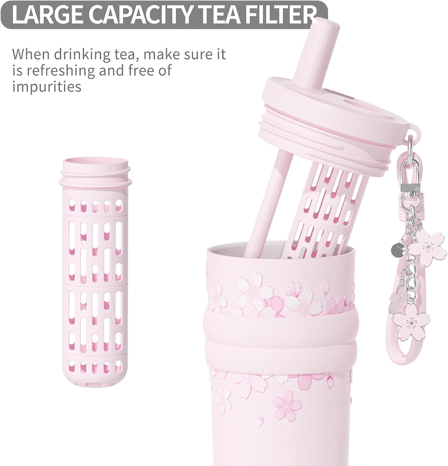 18.5 oz Thermo Cup with Straw, Floral Embossed Designed Car Cup, Vacuum Insulated Stainless Steel Tumbler with Hand Strap, Leakproof Water Bottel for Office, Gym, Library and Home Use (Peach Blossom)
