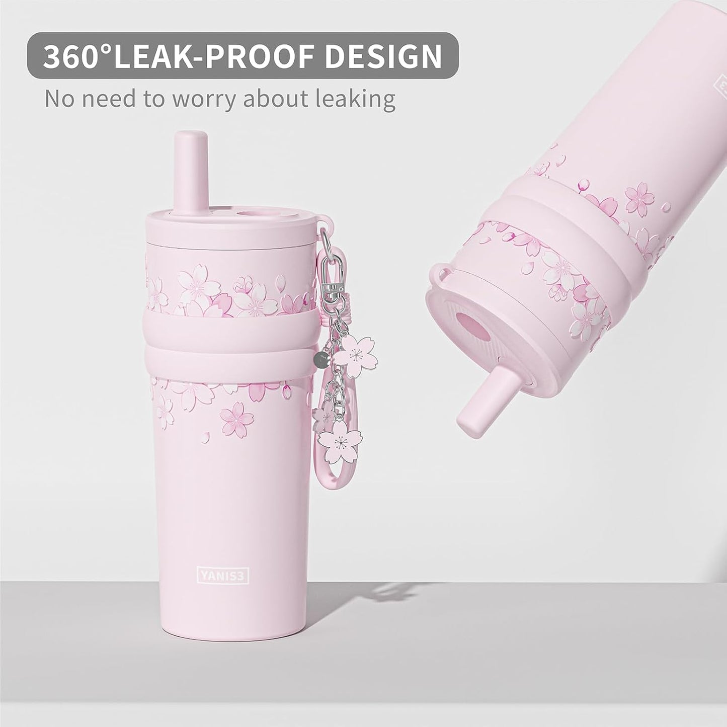 18.5 oz Thermo Cup with Straw, Floral Embossed Designed Car Cup, Vacuum Insulated Stainless Steel Tumbler with Hand Strap, Leakproof Water Bottel for Office, Gym, Library and Home Use (Peach Blossom)