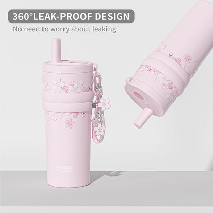 18.5 oz Thermo Cup with Straw, Floral Embossed Designed Car Cup, Vacuum Insulated Stainless Steel Tumbler with Hand Strap, Leakproof Water Bottel for Office, Gym, Library and Home Use (Peach Blossom)