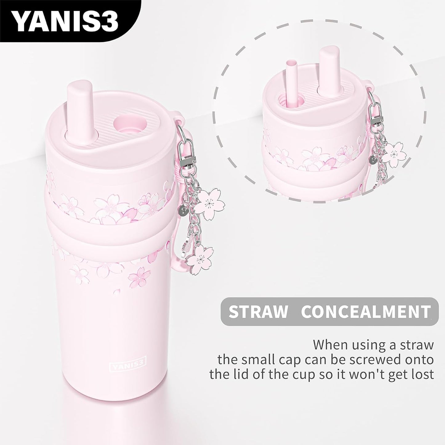 18.5 oz Thermo Cup with Straw, Floral Embossed Designed Car Cup, Vacuum Insulated Stainless Steel Tumbler with Hand Strap, Leakproof Water Bottel for Office, Gym, Library and Home Use (Peach Blossom)