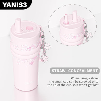 18.5 oz Thermo Cup with Straw, Floral Embossed Designed Car Cup, Vacuum Insulated Stainless Steel Tumbler with Hand Strap, Leakproof Water Bottel for Office, Gym, Library and Home Use (Peach Blossom)