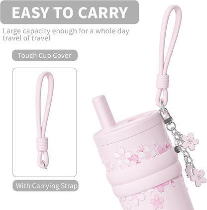 18.5 oz Thermo Cup with Straw, Floral Embossed Designed Car Cup, Vacuum Insulated Stainless Steel Tumbler with Hand Strap, Leakproof Water Bottel for Office, Gym, Library and Home Use (Peach Blossom)