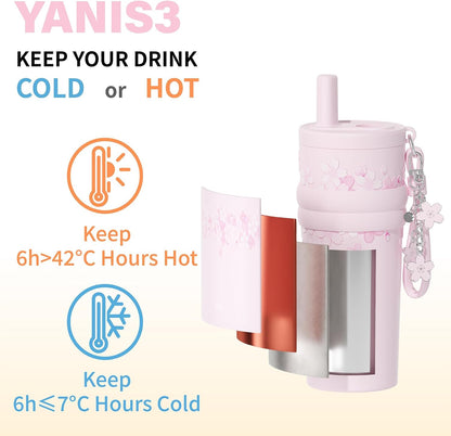 18.5 oz Thermo Cup with Straw, Floral Embossed Designed Car Cup, Vacuum Insulated Stainless Steel Tumbler with Hand Strap, Leakproof Water Bottel for Office, Gym, Library and Home Use (Peach Blossom)