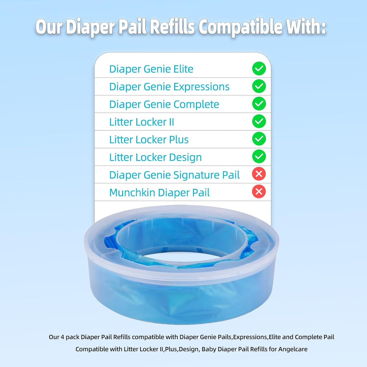 Diaper Pail Refills for Diaper Genie Pails,Expressions,Elite and Complete Pail, 4 Pack Diaper Pail Refill Bags Compatible with Litter Locker II,Plus,Design, Baby Diaper Pail Refills for Angelcare