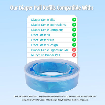 Diaper Pail Refills for Diaper Genie Pails,Expressions,Elite and Complete Pail, 4 Pack Diaper Pail Refill Bags Compatible with Litter Locker II,Plus,Design, Baby Diaper Pail Refills for Angelcare