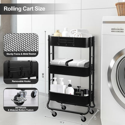 3-Tier Rolling Utility Cart with Caster Wheels, Silvery-Grey