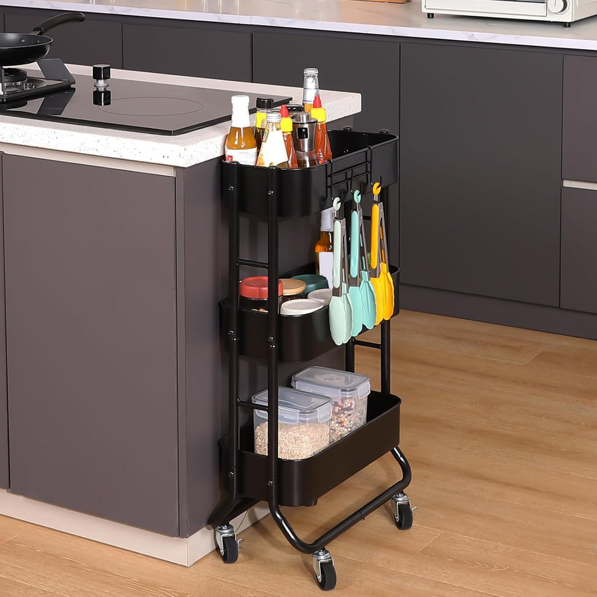 3-Tier Rolling Utility Cart with Caster Wheels, Silvery-Grey