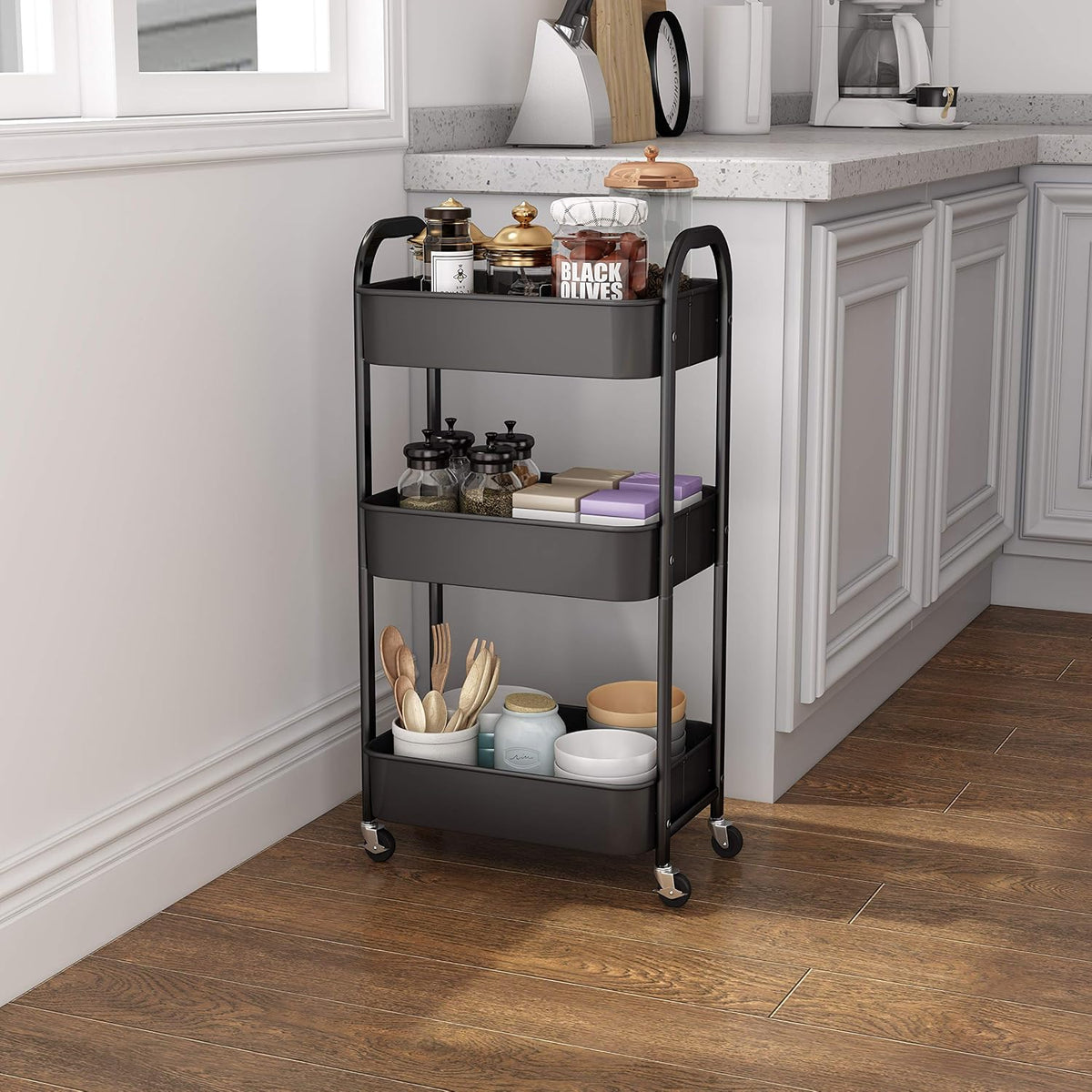 3-Tier Rolling Utility Cart with Caster Wheels, Silvery-Grey
