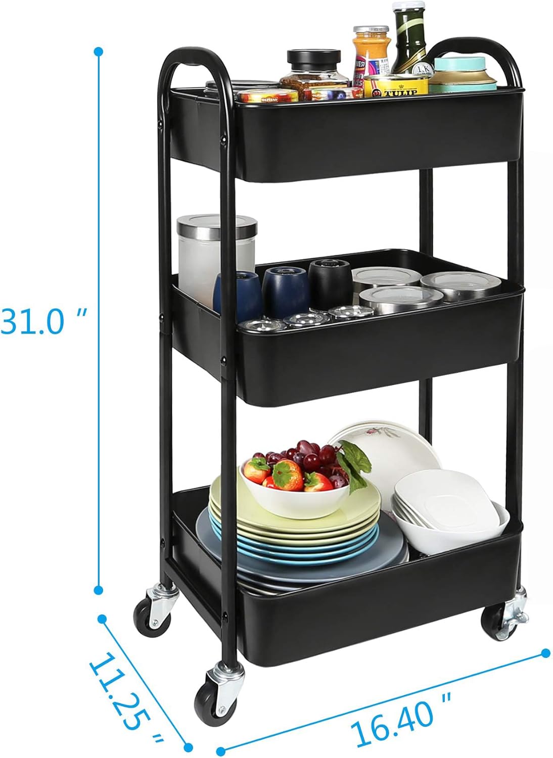 3-Tier Rolling Utility Cart with Caster Wheels, Silvery-Grey