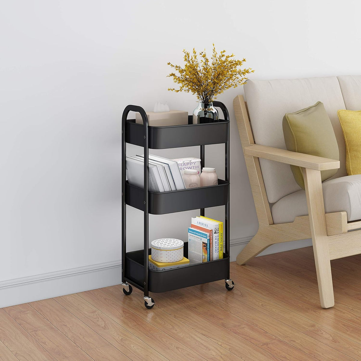 3-Tier Rolling Utility Cart with Caster Wheels, Silvery-Grey