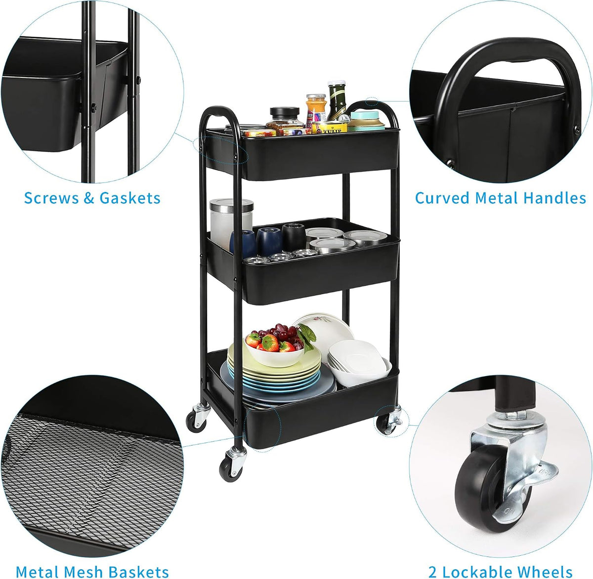 3-Tier Rolling Utility Cart with Caster Wheels, Silvery-Grey
