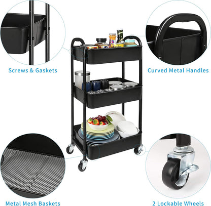 3-Tier Rolling Utility Cart with Caster Wheels, Silvery-Grey