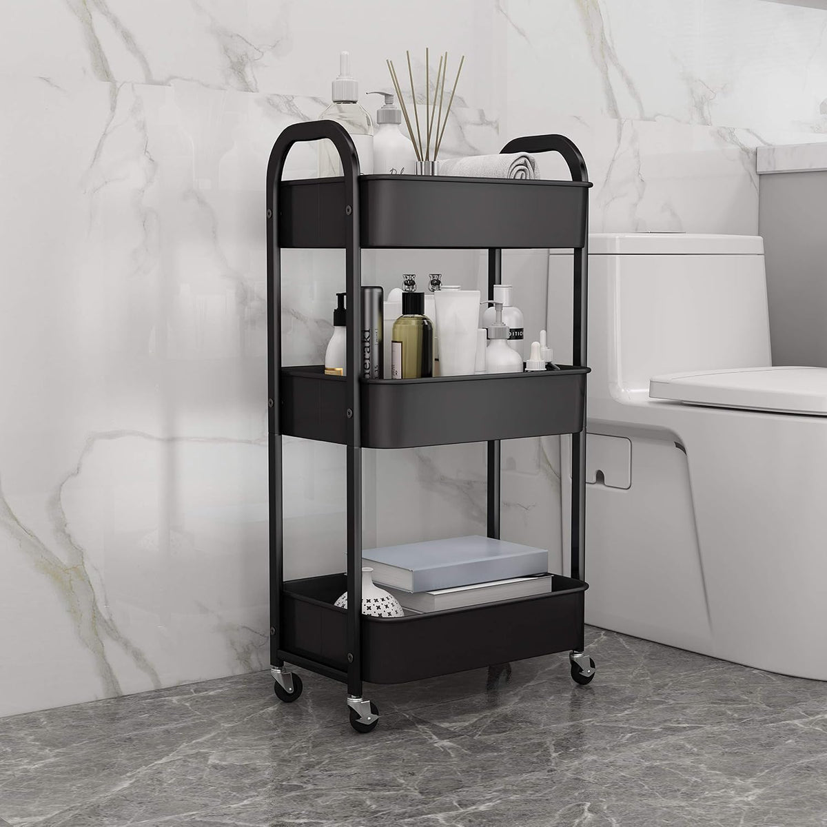 3-Tier Rolling Utility Cart with Caster Wheels, Silvery-Grey