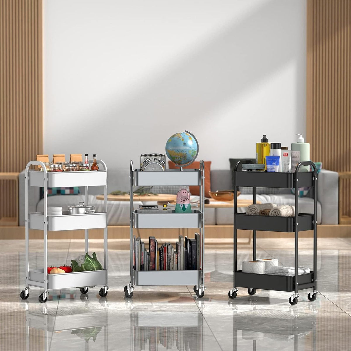 3-Tier Rolling Utility Cart with Caster Wheels, Silvery-Grey