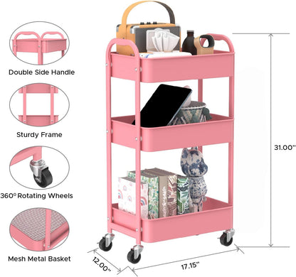 3-Tier Rolling Utility Cart with Caster Wheels, Silvery-Grey