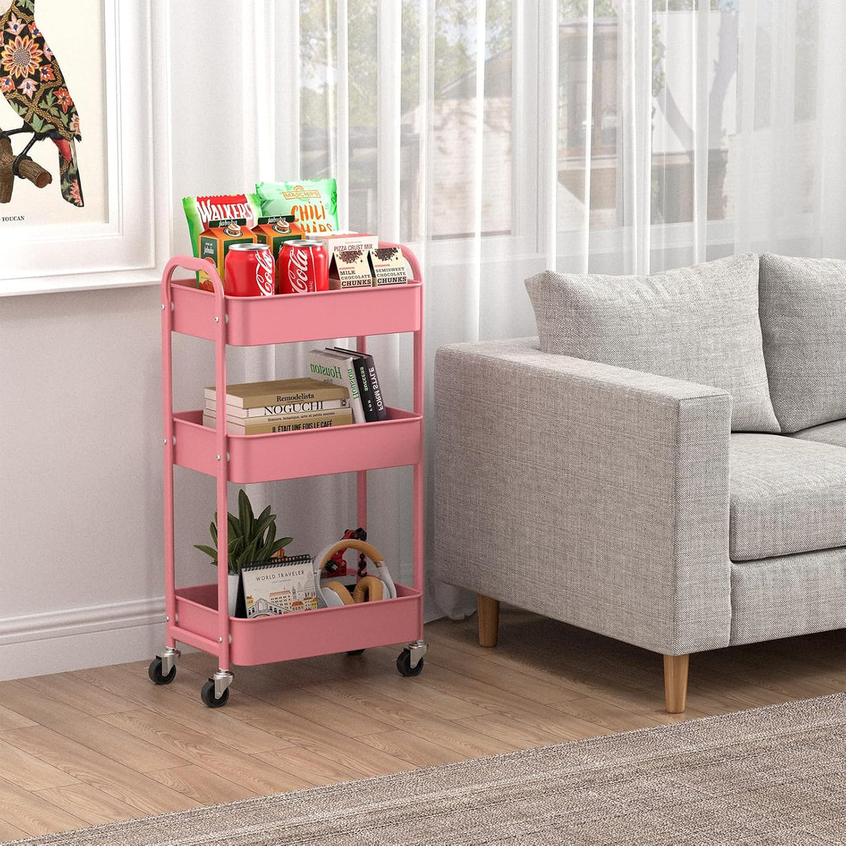 3-Tier Rolling Utility Cart with Caster Wheels, Silvery-Grey
