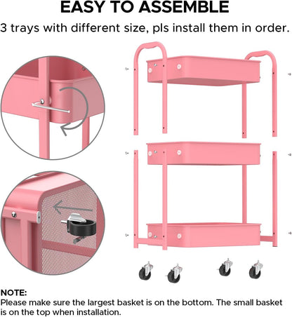 3-Tier Rolling Utility Cart with Caster Wheels, Silvery-Grey