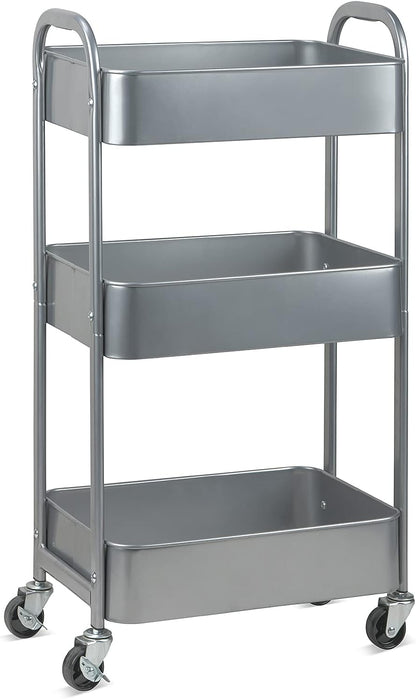 3-Tier Rolling Utility Cart with Caster Wheels, Silvery-Grey