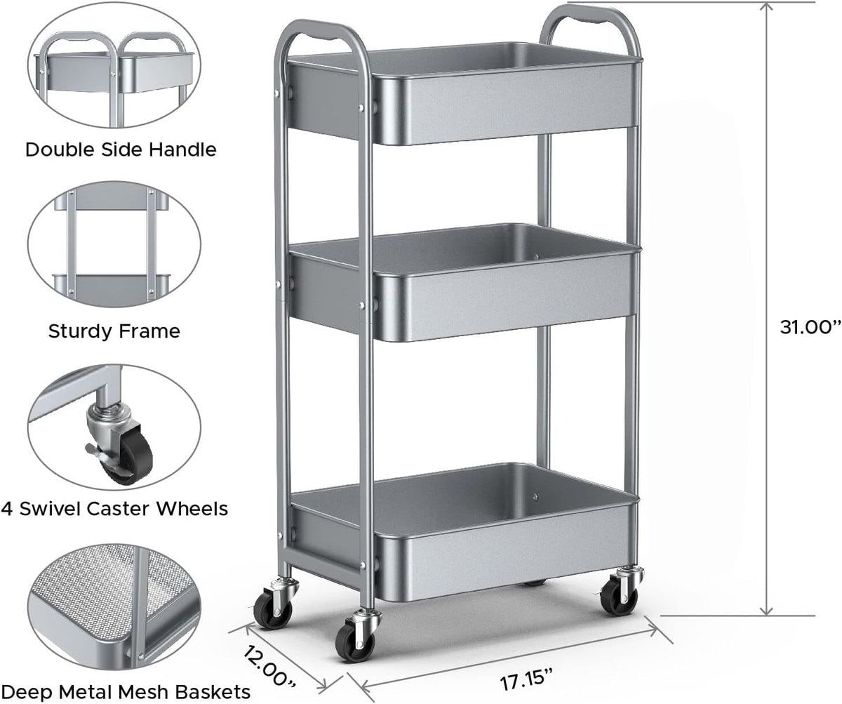 3-Tier Rolling Utility Cart with Caster Wheels, Silvery-Grey