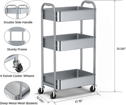 3-Tier Rolling Utility Cart with Caster Wheels, Silvery-Grey
