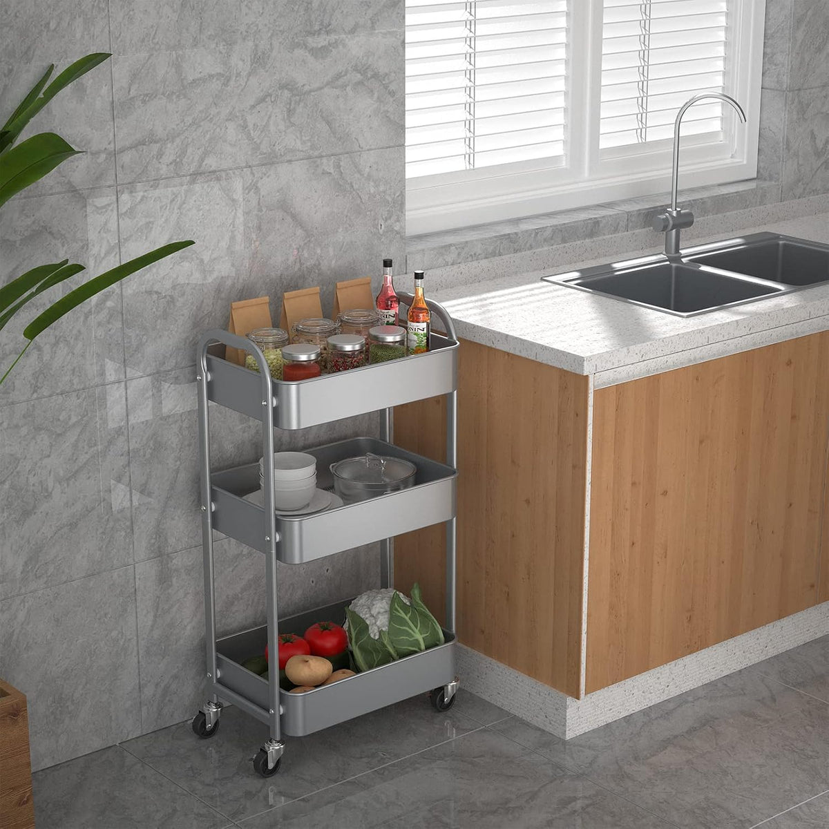3-Tier Rolling Utility Cart with Caster Wheels, Silvery-Grey
