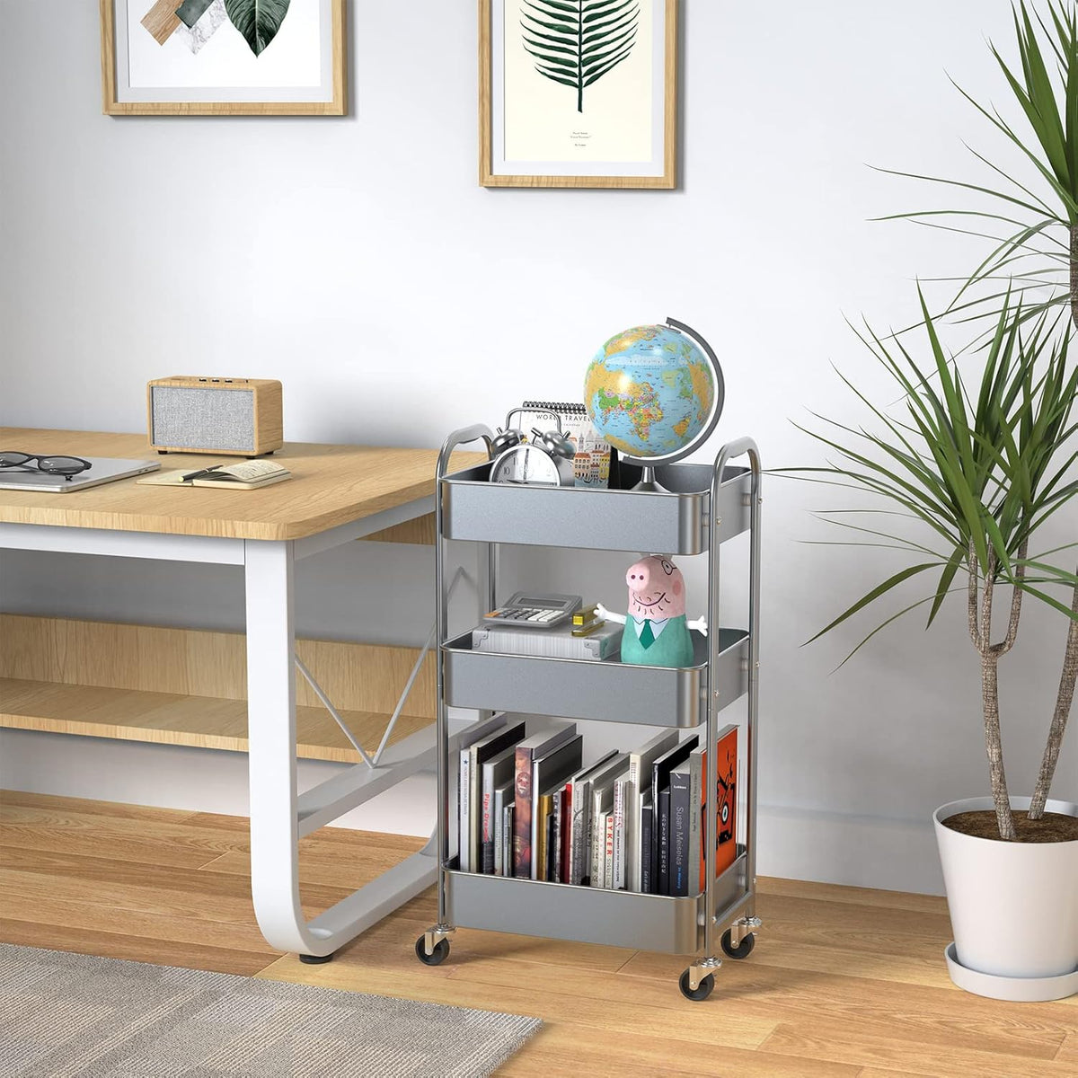 3-Tier Rolling Utility Cart with Caster Wheels, Silvery-Grey