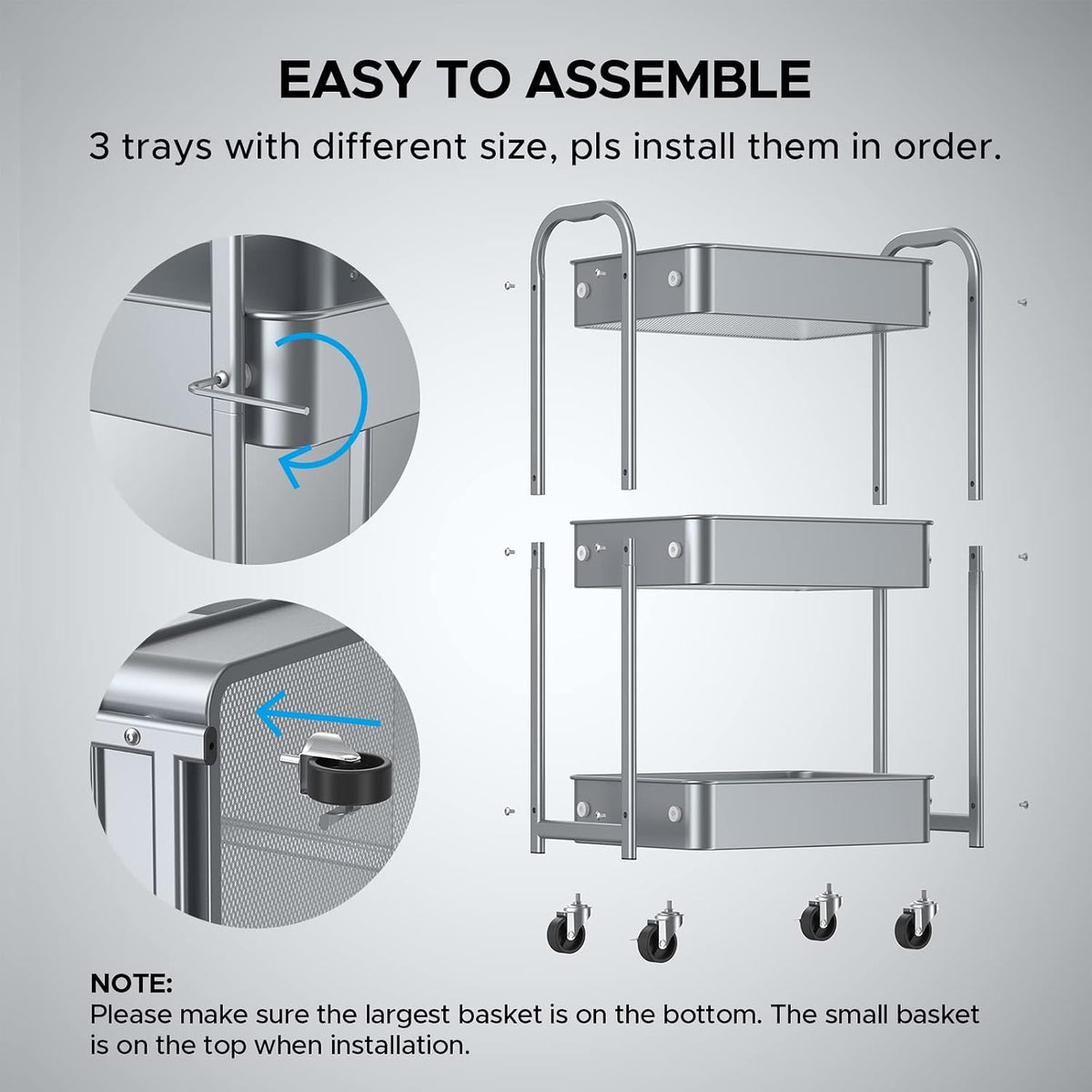 3-Tier Rolling Utility Cart with Caster Wheels, Silvery-Grey