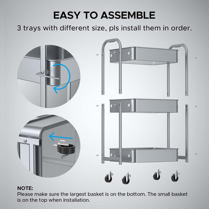 3-Tier Rolling Utility Cart with Caster Wheels, Silvery-Grey