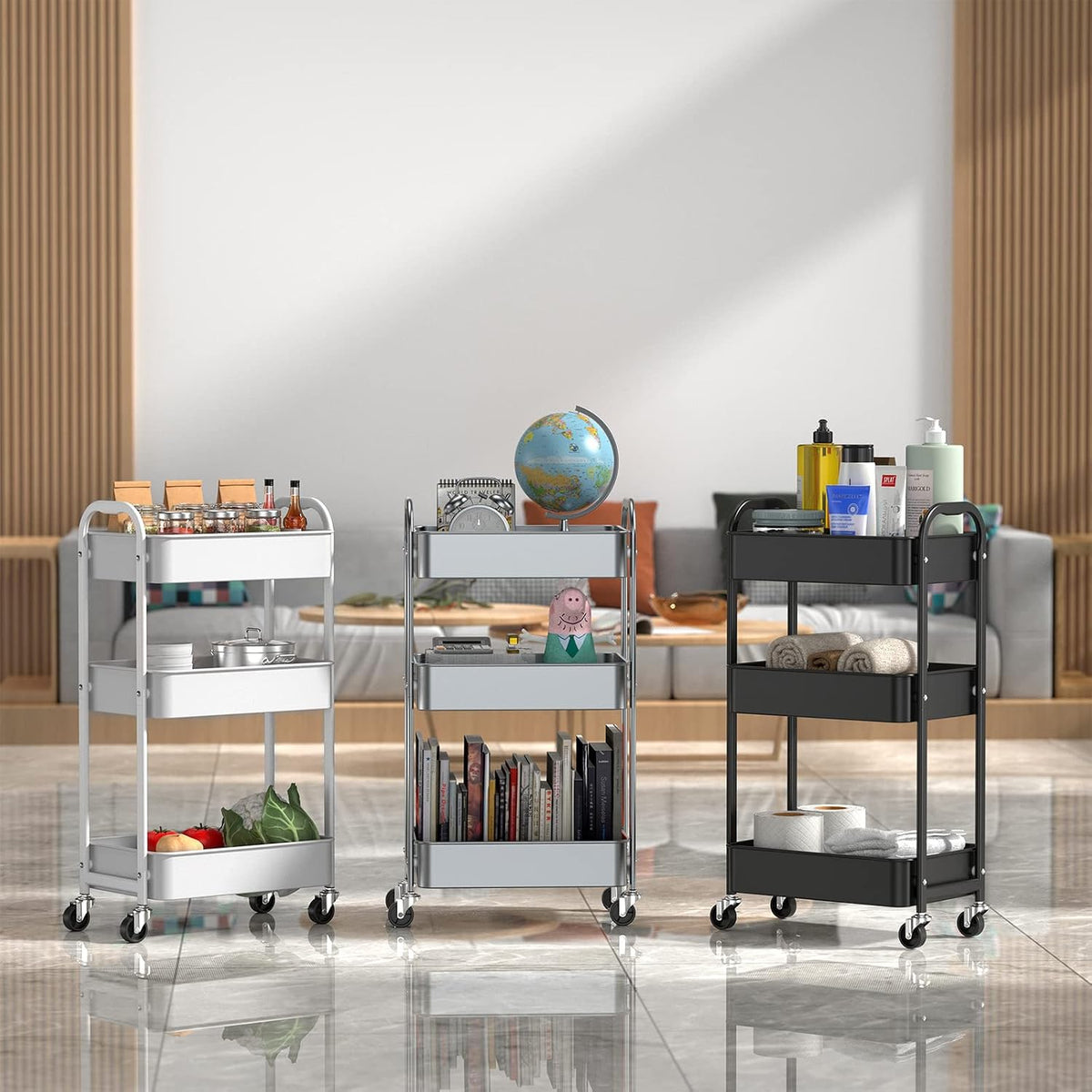 3-Tier Rolling Utility Cart with Caster Wheels, Silvery-Grey