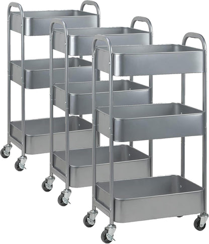 3-Tier Rolling Utility Cart with Caster Wheels, Silvery-Grey