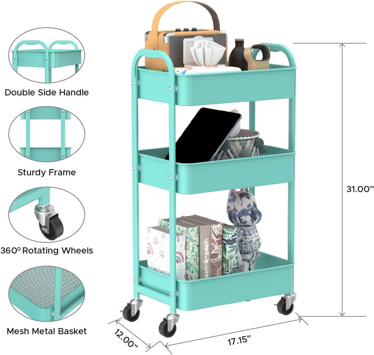 3-Tier Rolling Utility Cart with Caster Wheels, Silvery-Grey