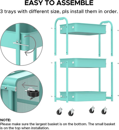 3-Tier Rolling Utility Cart with Caster Wheels, Silvery-Grey