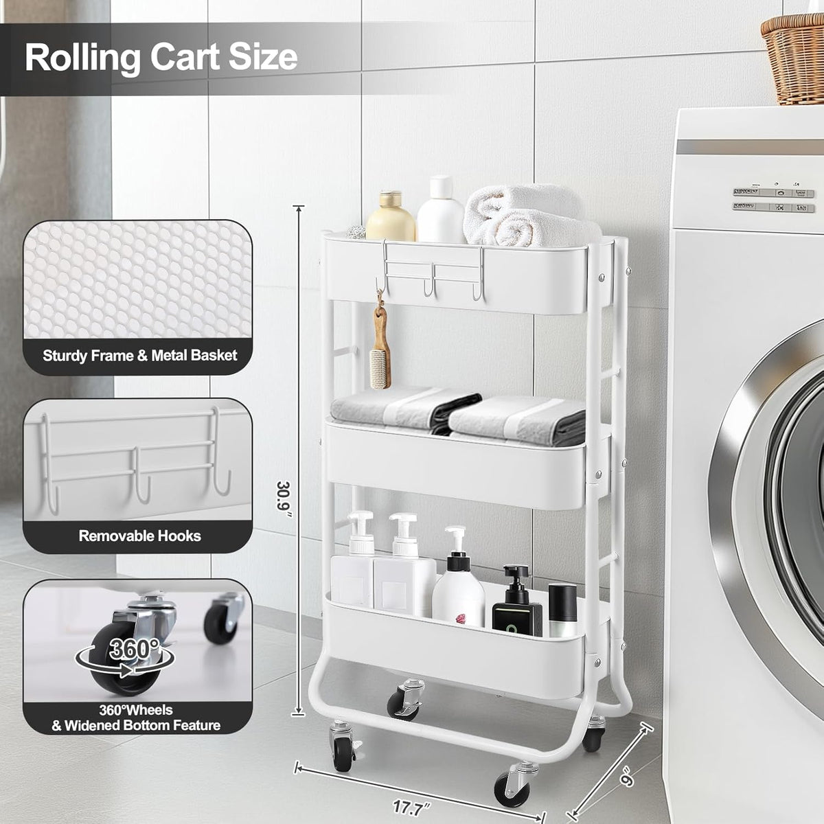 3-Tier Rolling Utility Cart with Caster Wheels, Silvery-Grey